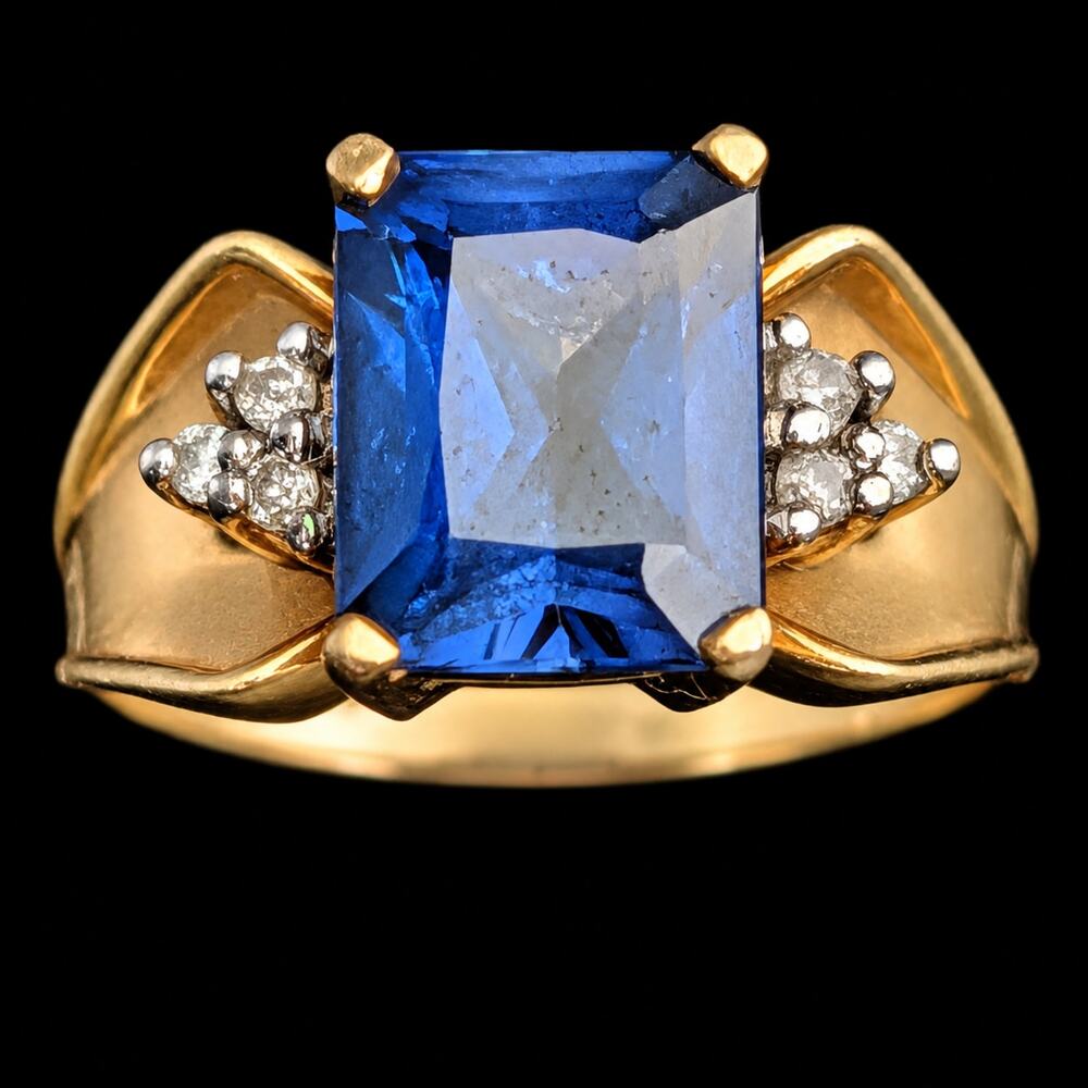 Vintage Lab Created Sapphire Diamonds 10k Yellow Gold Cocktail Ring
